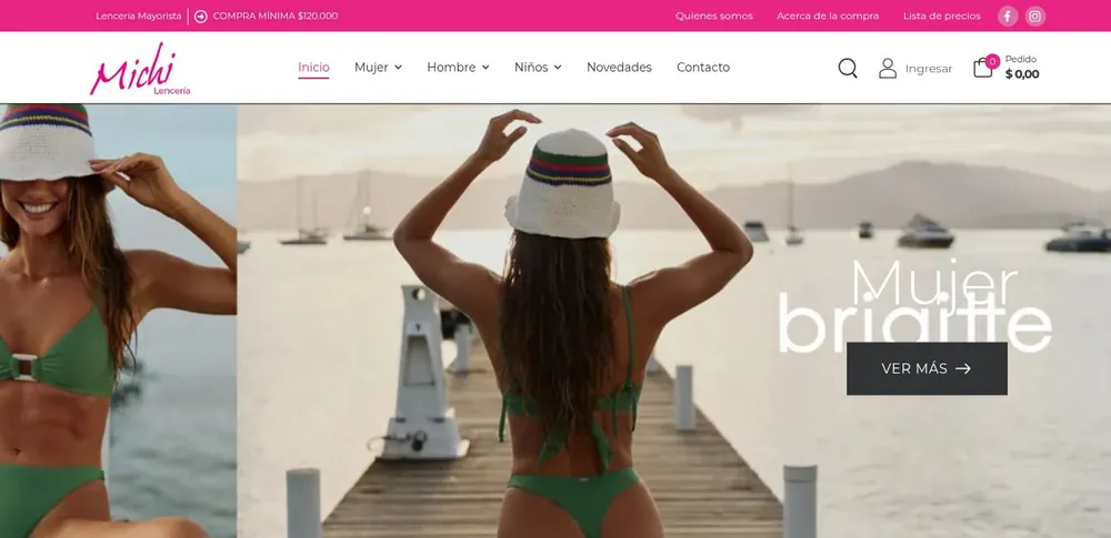 Captura de la nueva web de Michi Lenceria, con logo, menu de categorias y banner de la coleccion de mujer.